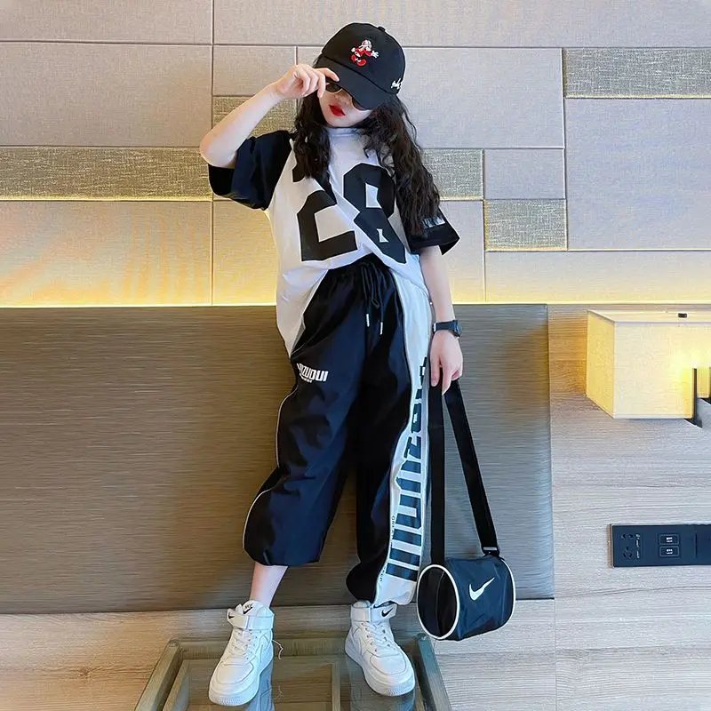 Girls Summer New Fashion Sports Cotton T-shirts+Pants Suits 5-14 Years Girls Hiphop Oufits Tops Sets Kids Clothing