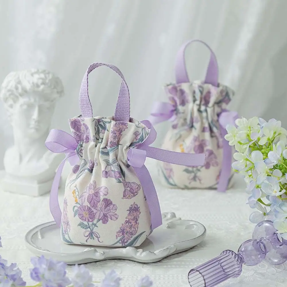 Floral Canvas Drawstring Bag Bird Large Capacity Small Flower Wrist Bag Jewerly Packing Bag Wedding Candy Bag Bowknot Handbag