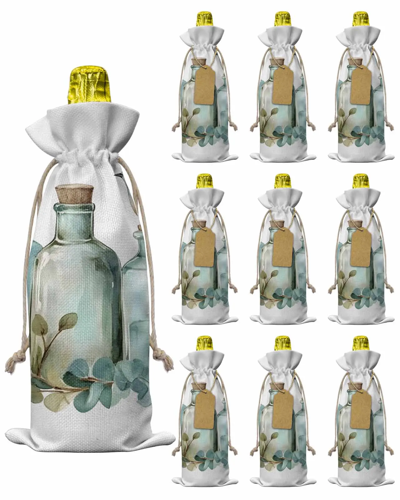 

10pcs Wine Bottle Covers Eucalyptus Leaves Glass Bottle Wine Holder Carrier Packaging Bag Wedding Party Decor Gift