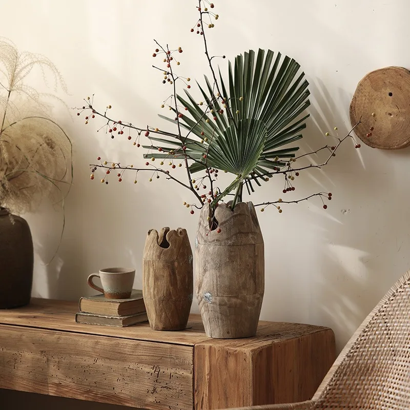 

Wooden retro flower arrangement, hand-polished vase, home furnishing, living room dining table decoration ornament