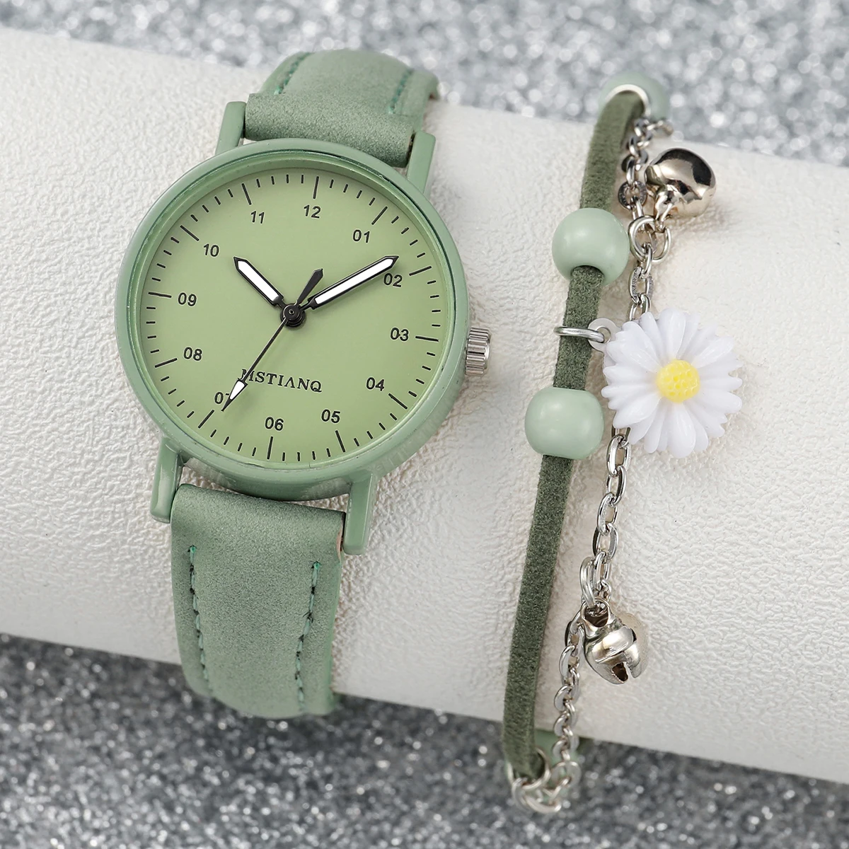 2PCS/Set Women\'s Watch Fashion Arabic Dial Leather Band Quartz Watches Flower Bracelet Set