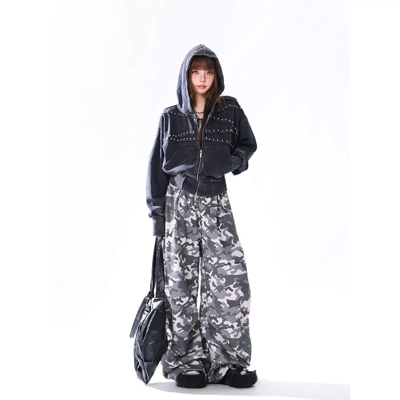 American Y2K retro washed distressed rivet zipper jacket for women autumn short hooded sweatshirt for men