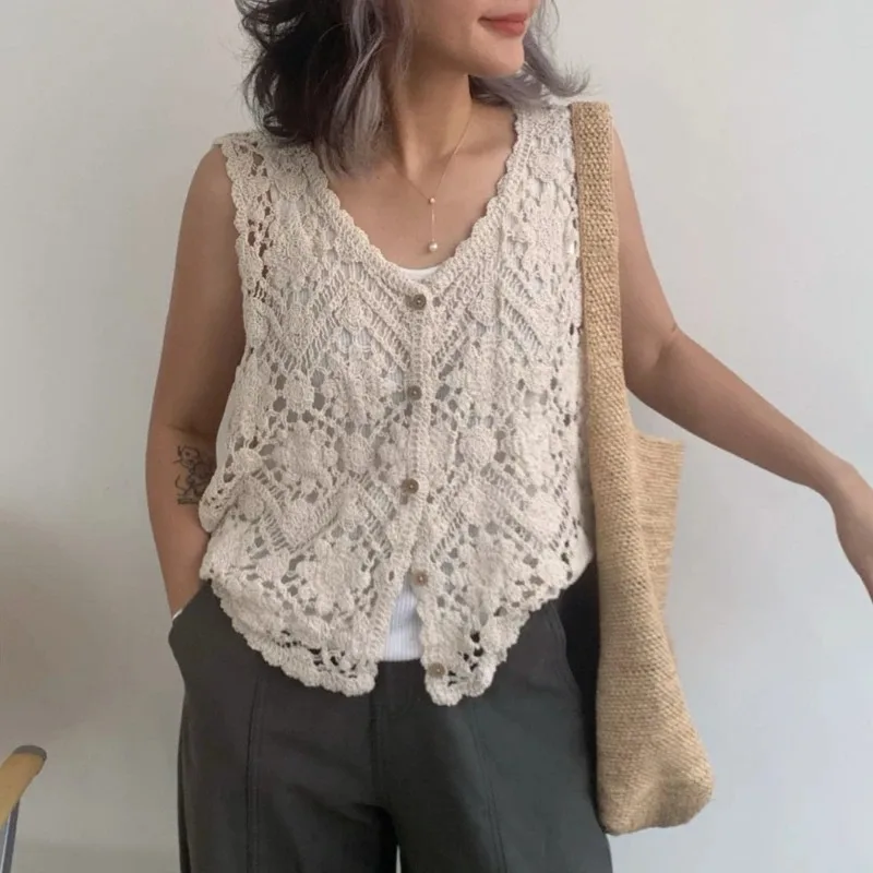 Embroidered Floral Crochet Vest for Women Hollow-out Open Knit Sleeveless Cardigan Boho Summer Festival Outfit