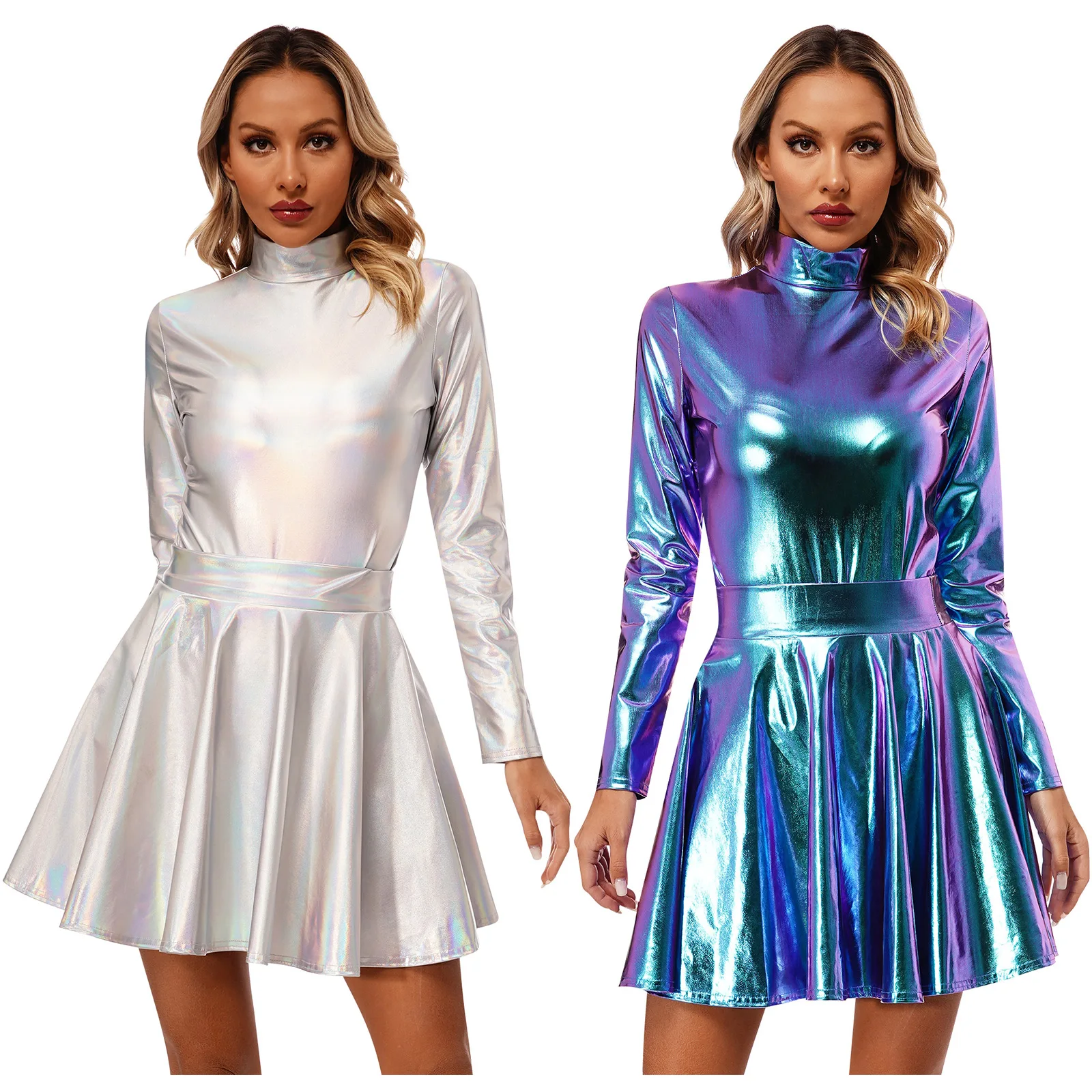 Women Shiny Glossy Dress Sets Long Sleeve Turtleneck Zipper Leotard with High Waist Flare Skirt for Party Club Stage Performance