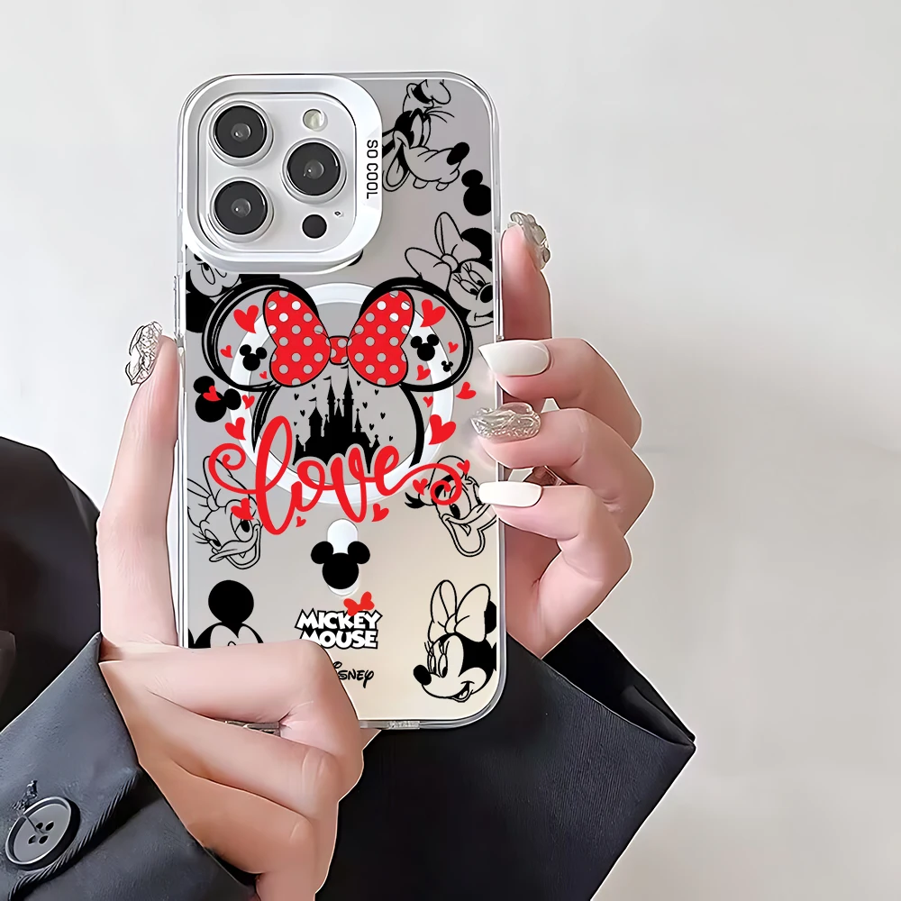 Cartoon Art Mickey Minnie Magsafe Magnetic Phone Case for IPhone 11 12 13 14 15 16 Pro Max Plus Lens Border Silver Plated Cover