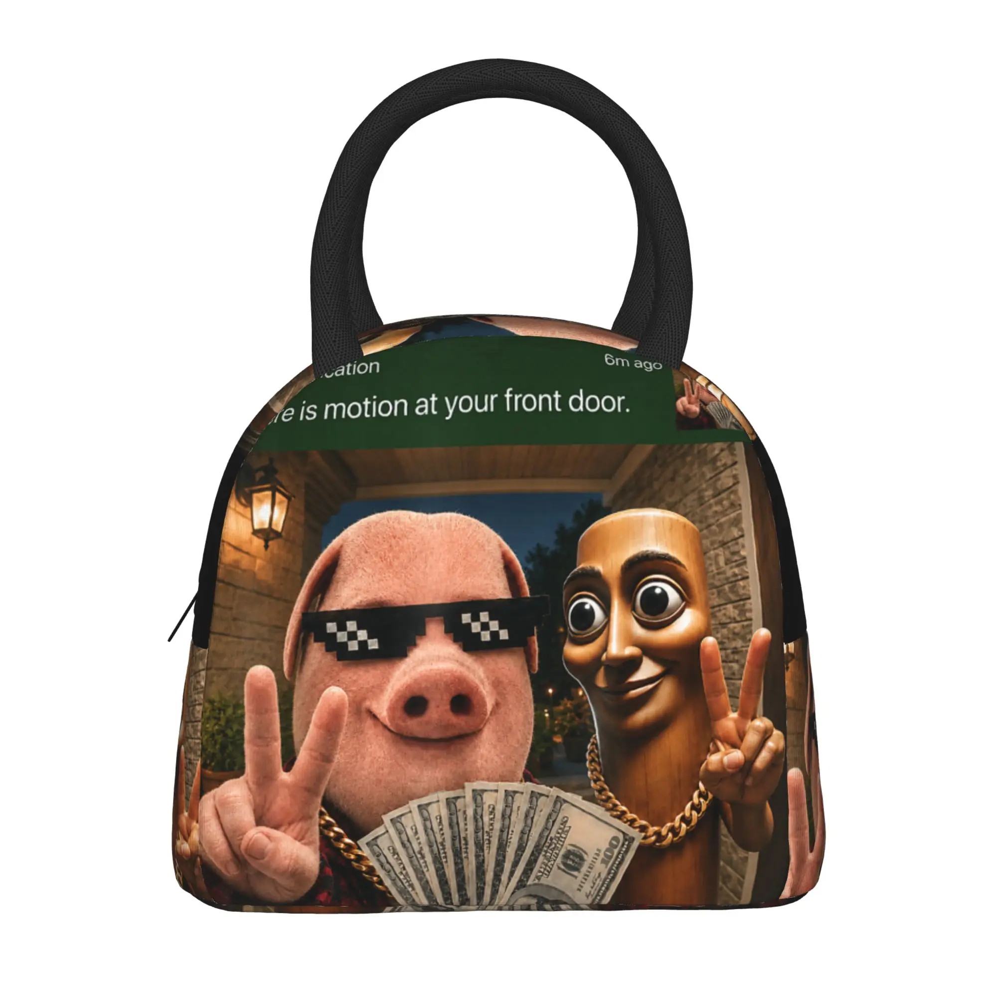 John Pork and Tung Tung Tung Sahur Front Door Motion Lunch Bag  Casual Lunch Box Women Cooler Bag Oxford Designer Tote Food Bags