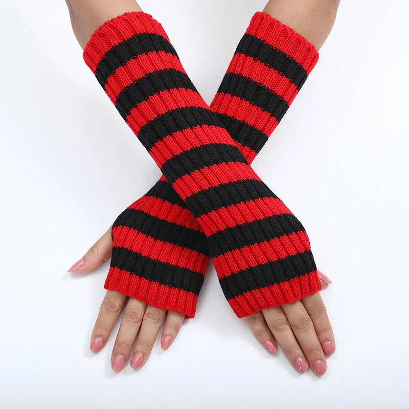 Christmas Long Gloves Black Striped Wool Knitted Warm Sleeve Cover for Women's Winter Outdoor Cycling Elastic Fingerless Mittens