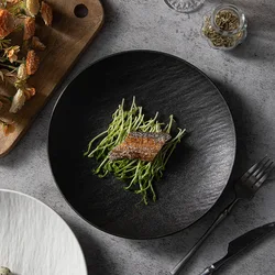 black and white plate, frosted stone round vegetable plate, ceramic plate, western food plate, salad plate, steak plate.