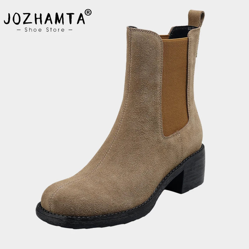 

JOZHAMTA Size 34-39 Women Chelsea Boots Ankle High Suede Real Leather Chunky Heels Elastic Short Booties Casual Motorcycle Boots