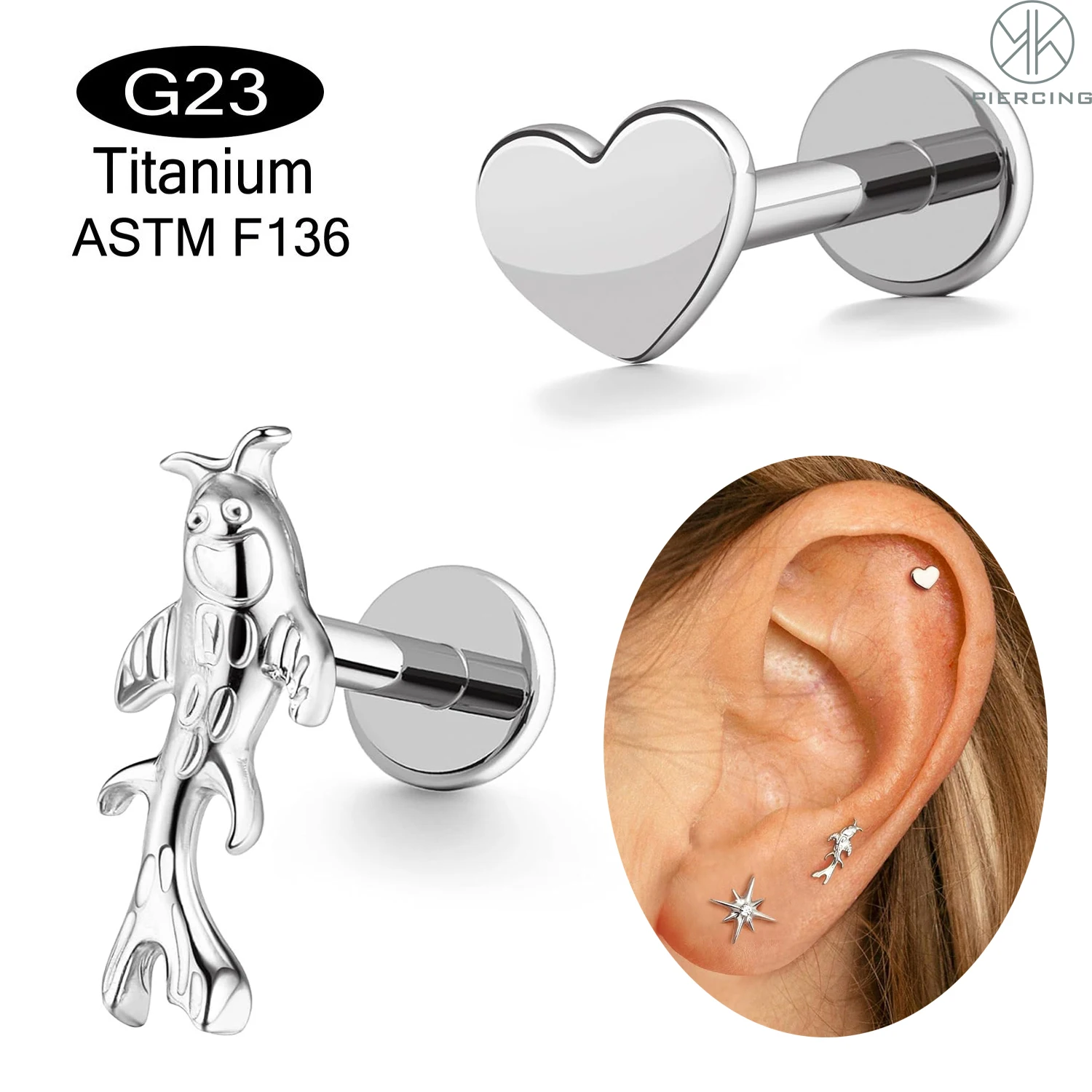 16G 18G Heart Stud Earrings Internally Threaded Flat Back G23 Titanium Earrings Labret Helix Conch Lip Piercing Jewelry