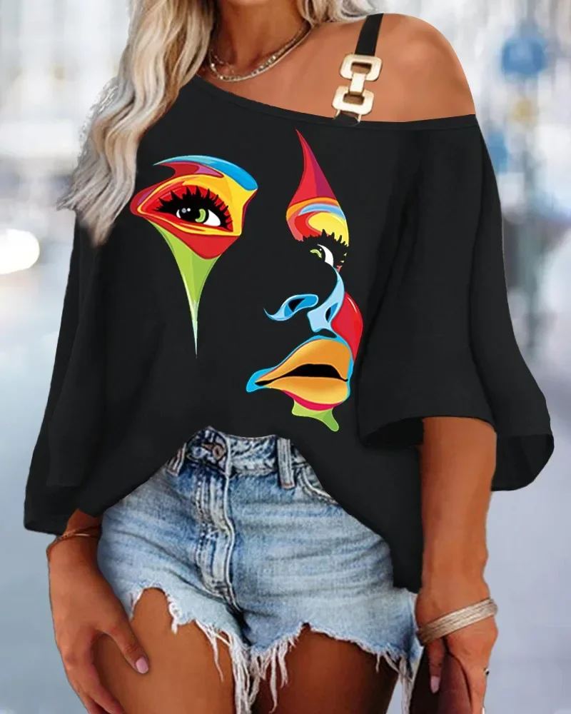 Oberteil mit abstraktem Linienmuster, One-Shoulder-Design, Metallriemen und Volantärmeln, lockere Bluse für den täglichen Büroalltag – Detail 6