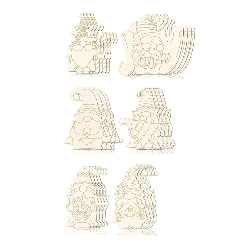 60PCS Ornaments For Tree Unfinished Blank Wood Gnome Cutout Slices With Line Draft For Kids DIY Craft Making Painting