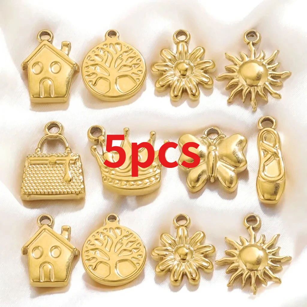 

5pcs Stainless Steel Cute Small Charm Crown House Flower Tree Gold-plated for DIY Necklace Bracelet Jewelry Making Accessories