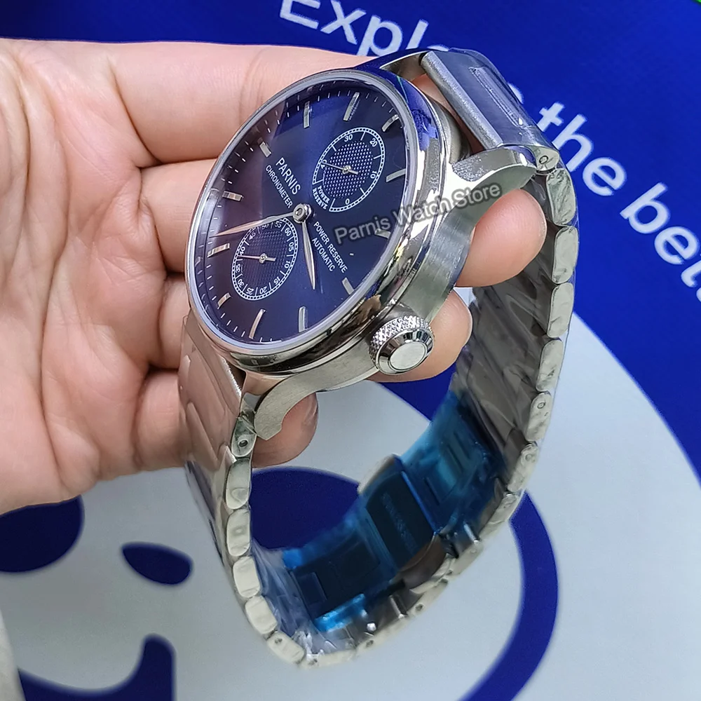 Parnis 42.5mm riserva di carica quadrante blu orologio da polso da uomo con movimento automatico ST2542