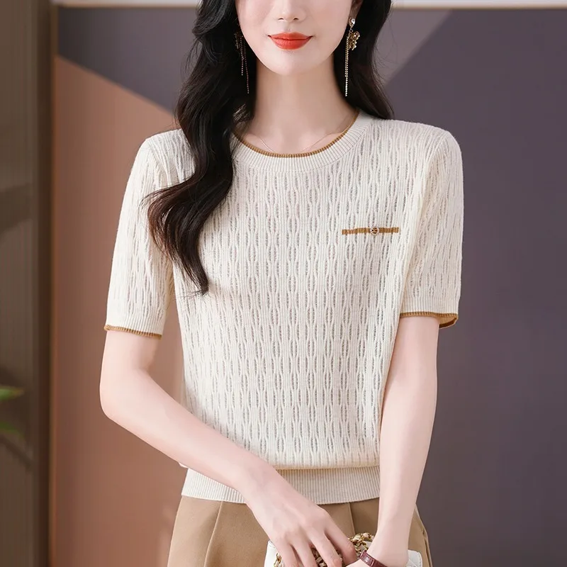 

Women Ice Silk Hollow Out Knitting Round Neck Short Sleeve T-Shirt 2025 Summer New Solid Loose Commute Casual Pullovers