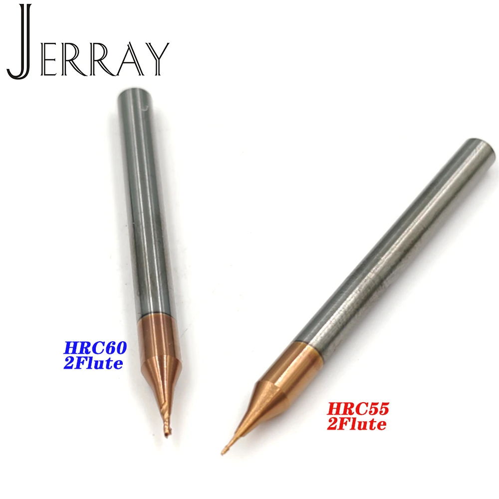 JERRAY-Molino de extremo plano de carburo, herramientas de corte CNC para metal, 2 flautas HRC55, D0.2, 0,3, 0,4, 0,5, 0,6, 0,7, 0,8, 0,9mm