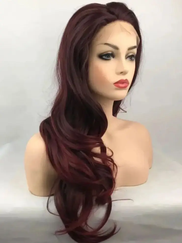 Long Wine red Wavy Loose Transparent Lace Body Wavy Lace Front Bouncy  for Women Wine red Female Wig