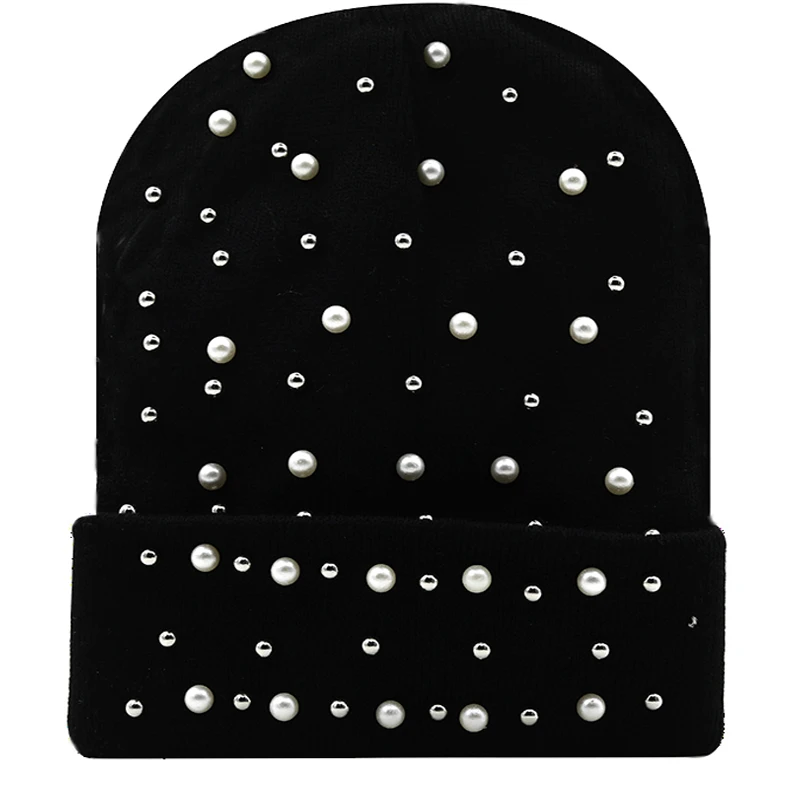 

Winter Knitted Beanie Women Ladies Casual Outdoor Warm Skullies Cap Rhinestone Pearls Knitting Hats Female Solid Color Casual