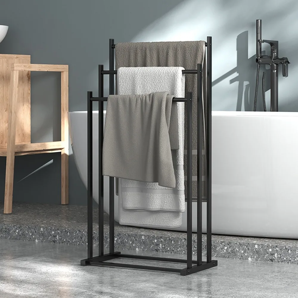 1 ensemble de porte-serviettes noir à 3 niveaux, modèle autoportant, à poser sur le sol, avec 3 barres, support métallique pour serviettes sans perçage, idéal pour les serviettes de toilette et les couvertures – permet d'économiser de l'espace.