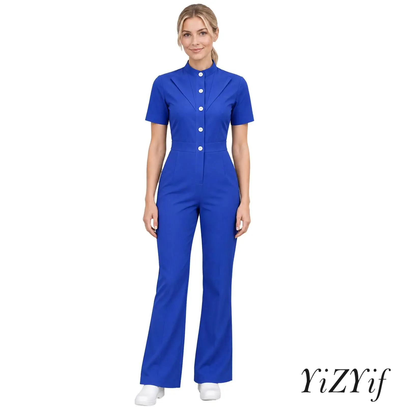 Short Sleeve Stand Collar Medical Jumpsuit for Women Elastic Waist Button Bodysuit with Pockets Nurse Doctor Coveralls Unitards