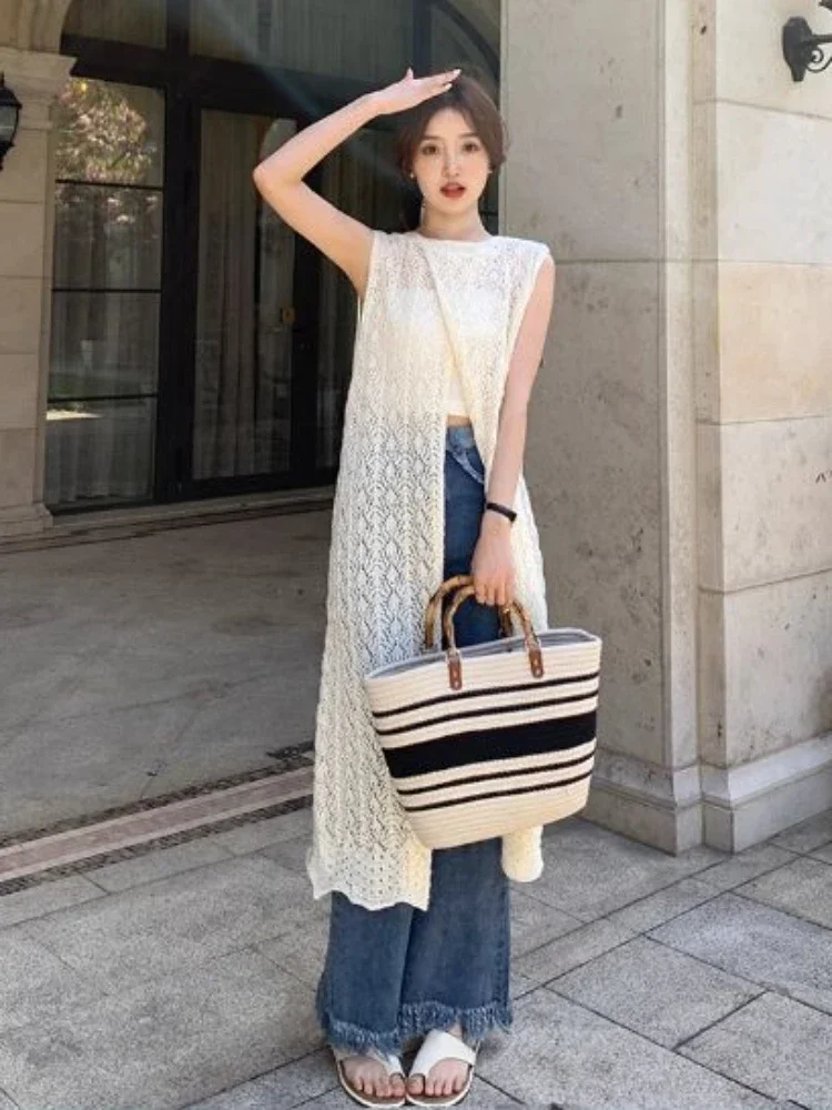 Knitting Hollow Out Dress Women Solid Trendy Long Style Summer Holiday Hot Sale Basic Aesthetic Midi Thin O-neck Casual Harajuku