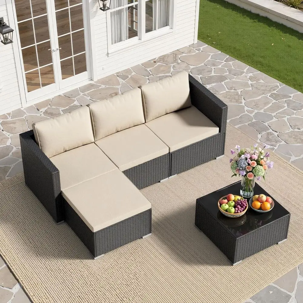 

All-Weather 5-Piece Outdoor Patio Wicker Sectional Sofa Set for Garden, Poolside, Backyard, Balcony, Porch, in Khaki