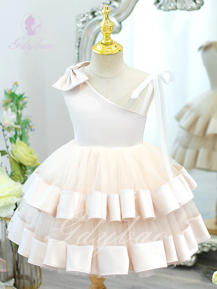 Ruffles ดอกไม้สาวชุดสําหรับงานแต่งงาน Puffy Mini ไหล่เดี่ยวโบว์เด็กวันเกิด First Communion เด็กเจ้าหญิงชุด