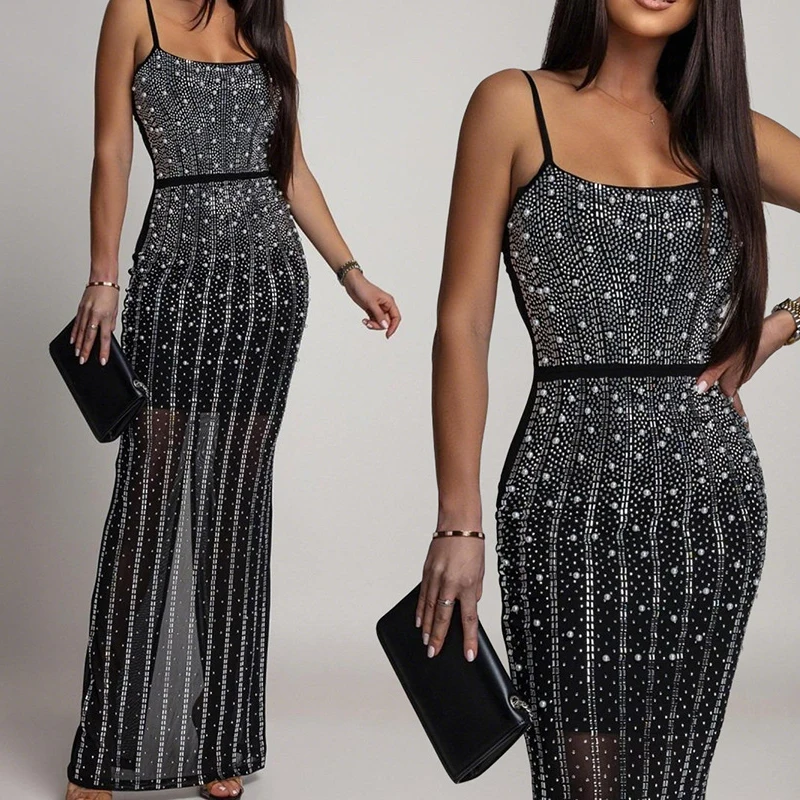 Mode Sheer Strass Hosenträger Kleid Sexy Off Schulter Ärmellose Dünne Abendkleid Frauen Elegante Durchsichtig Mesh Kleider