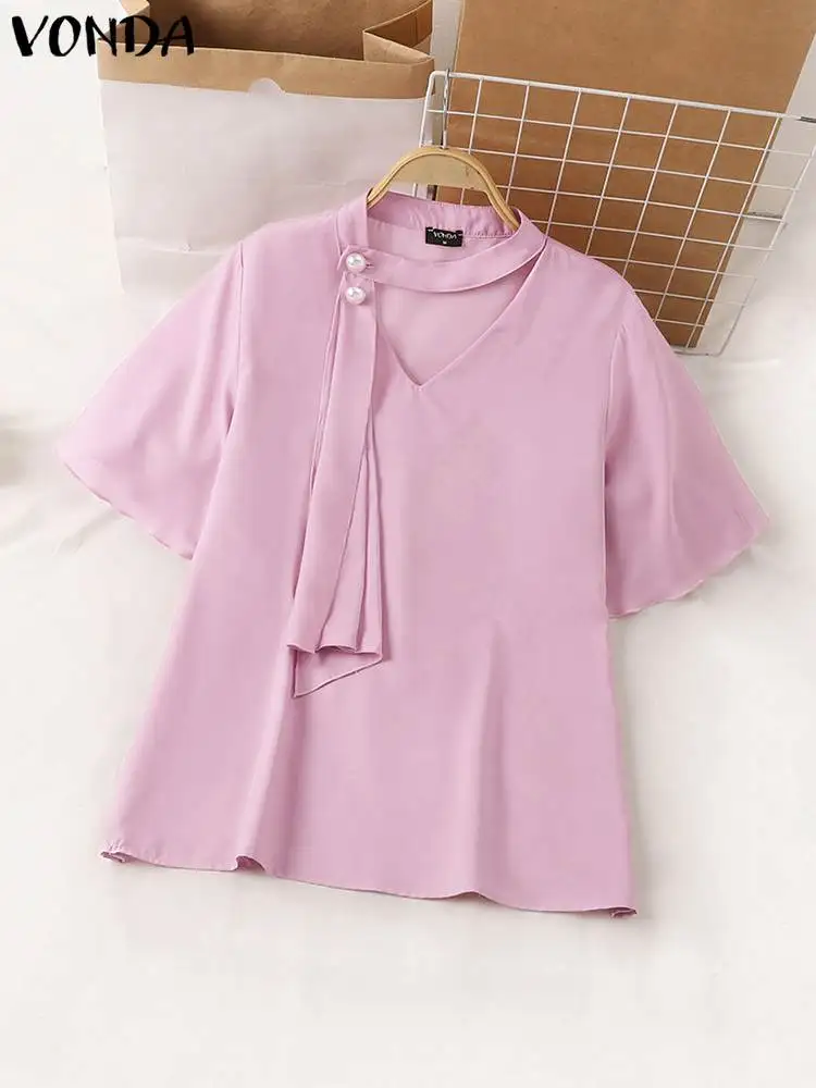 VONDA 2024 Summer Women Elegant Blouse Satin Tops Casual V Neck Patchwork Tie Short Sleeve Loose Shirts Solid Silk Blusas Femme