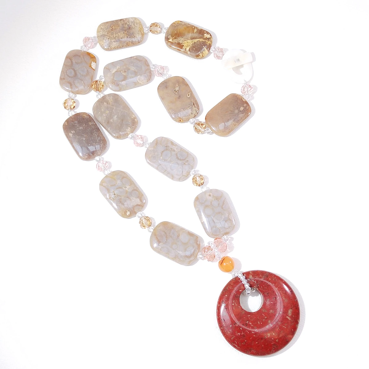 Lii Ji Real Stone Coral Fossial Stone Crystal Jasper Pendant Necklace 58cm Stock Sale Women Jewelry Gift