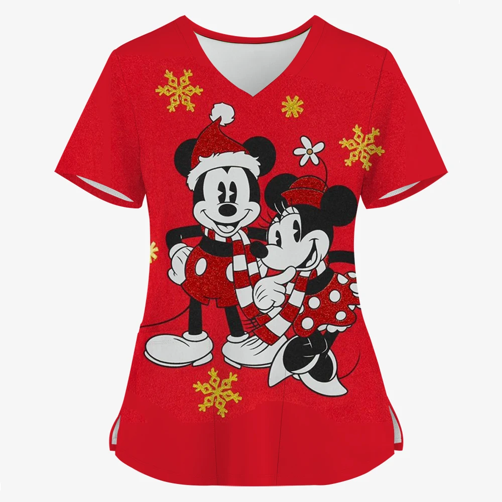 

2025 униформа Диснея, женская рождественская рабочая рубашка с принтом Микки Мауса Диснея, карманное платье, рождественские скрабы для медсестры, здравоохранения
