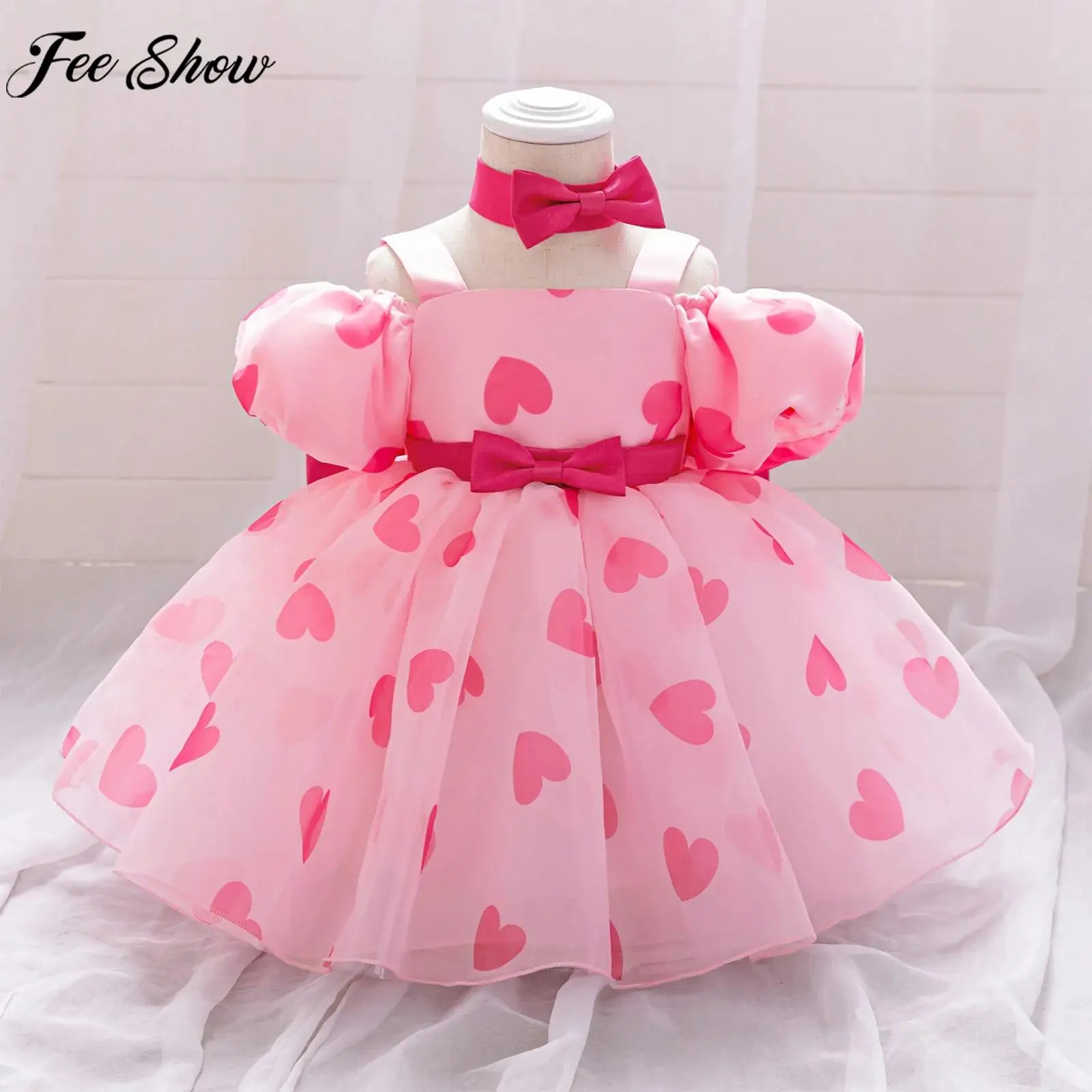 

Baby Girls Birthday Party Dress Puff Sleeve Bowknot Tulle Princess Tutu with Bow Tie Christening Wedding Photography Ball Gown