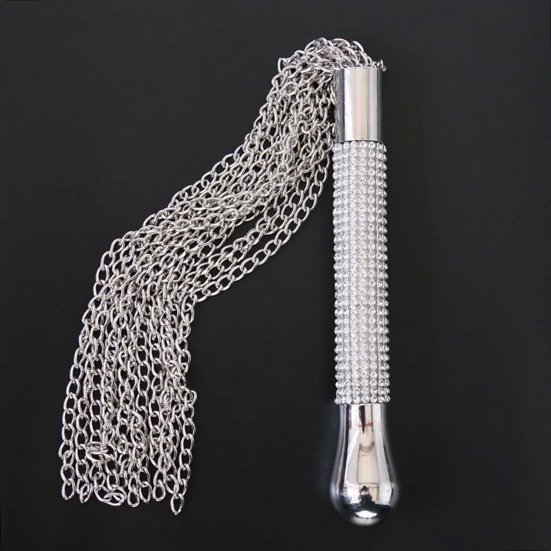 Metal Alloy Chain Tassel Short Horse Riding Whip Crop Crystal Handle