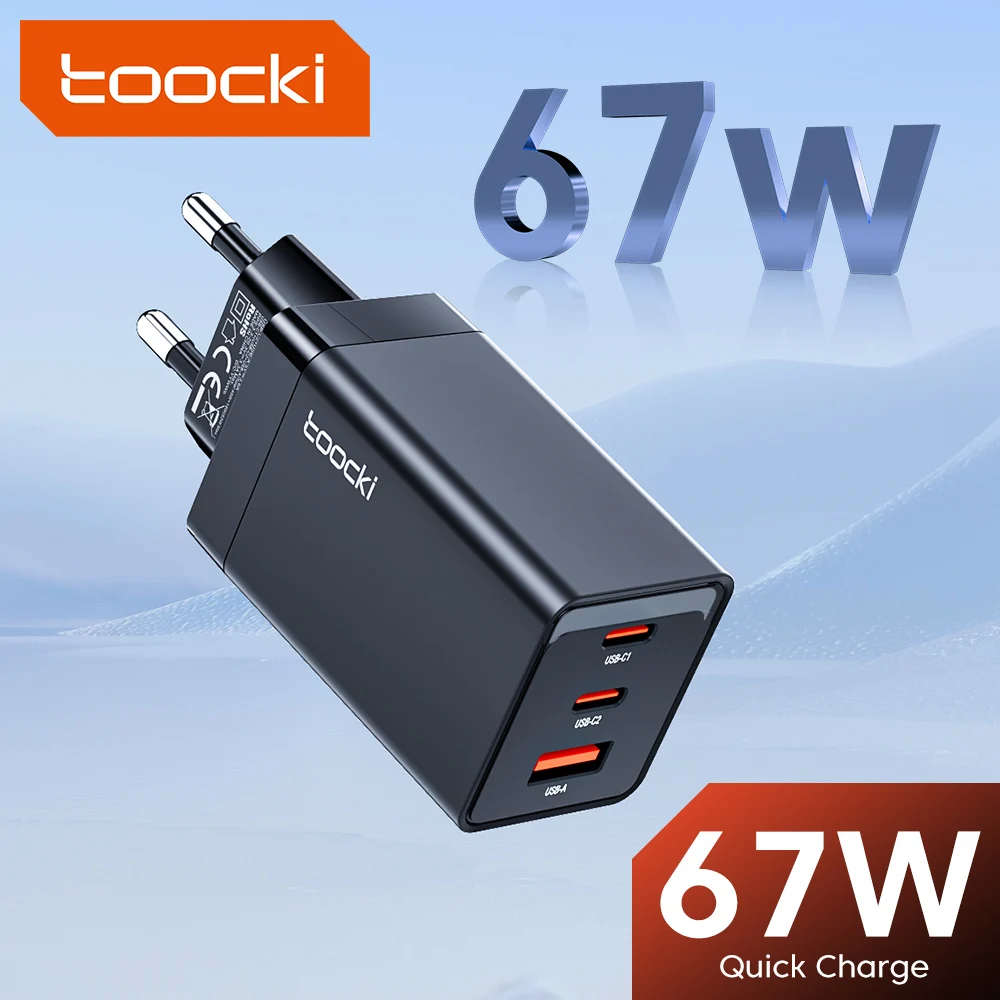 Toocki 67W GaN Charger 3 Ports USB C Quick Charge For Laptop EU/KR Plug Portable Wall Mobile Type C Fast Charger For iPhone 15