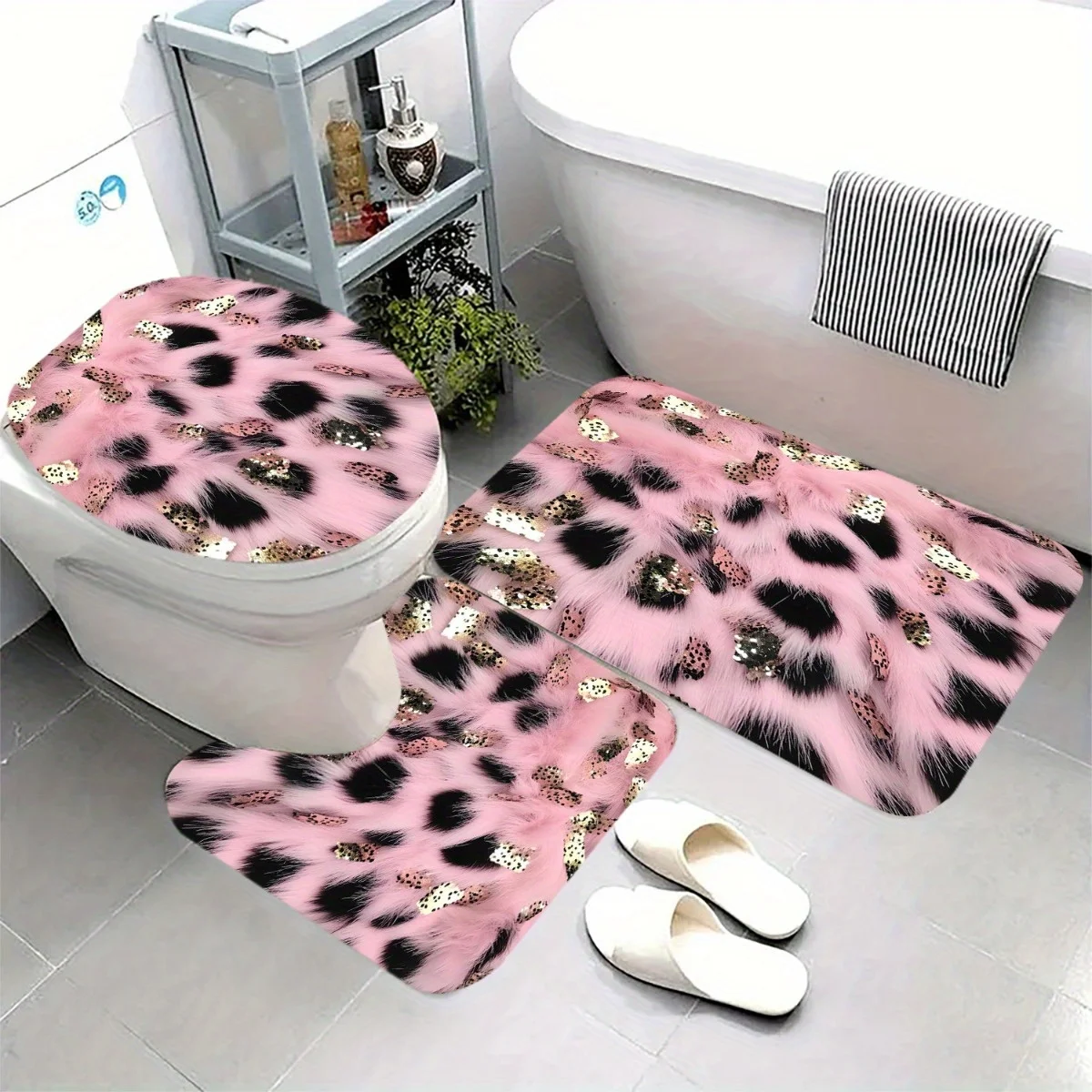 3‑Pieces Pink Black Polka‑Dot Bathroom Mat Set, Decor Rug Kit With Toilet Lid Cover & U‑Shaped Mat, Sweet Home Bathroom Decor