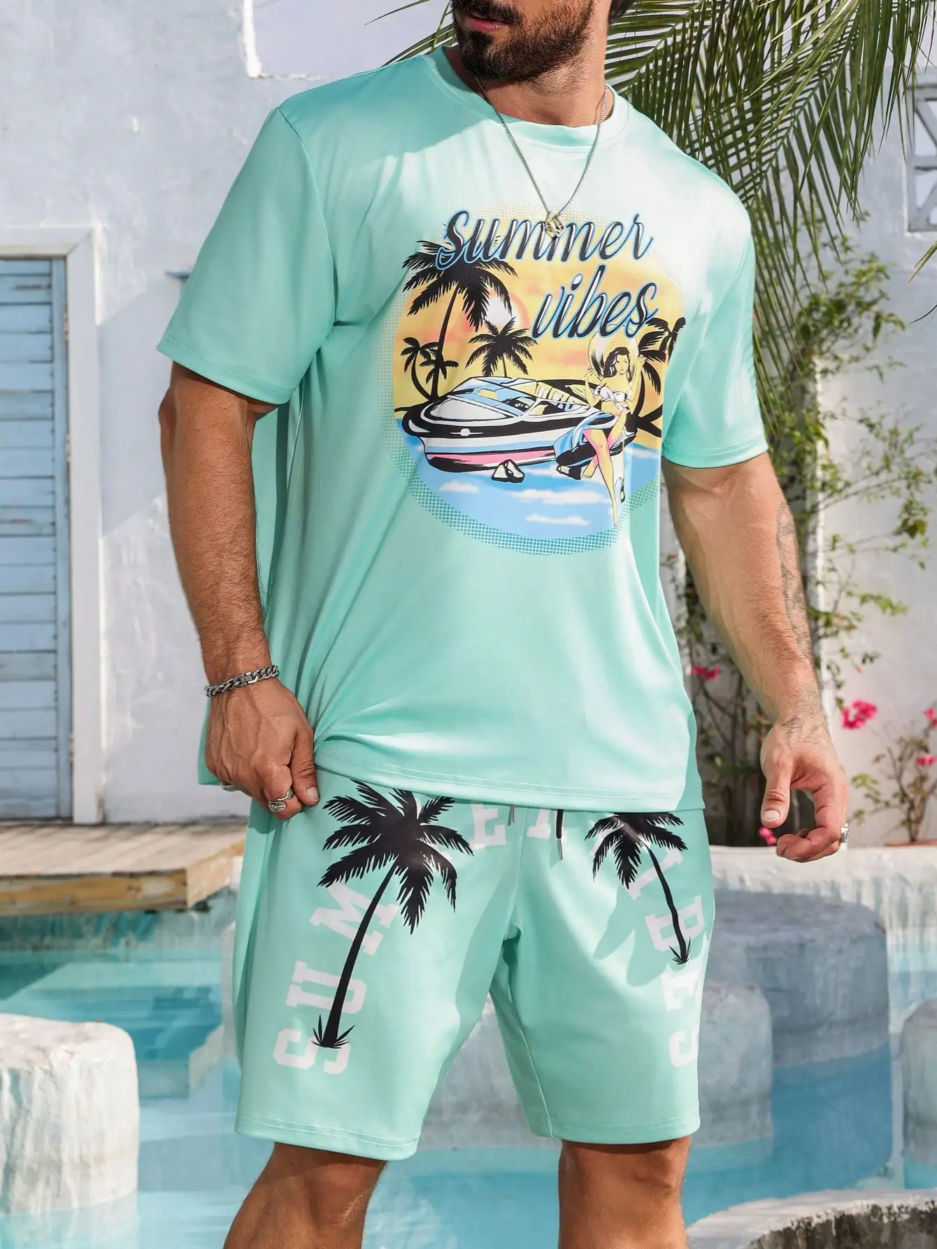 Traje de talla grande para hombre, camiseta informal de manga corta con cuello redondo y estampado de palmera y letras para vacaciones en la playa,