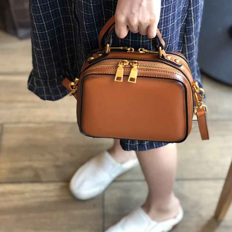 

Cowhide Handcrafted leather new fashion Vintage messenger bag Box shaped small square houlder crossbody bag