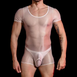 Men Stretchy Leotard Solid Short Sleeve High Elastic Bodysuit Lingerie Underwear Erotic Leotard Gay Sex Underwears