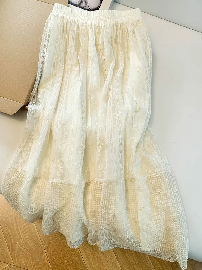 

Женская юбка миди с вышивкой цветов, весенняя модная модель с высокой талией, свободного кроя, А-силуэт, с подкладкой