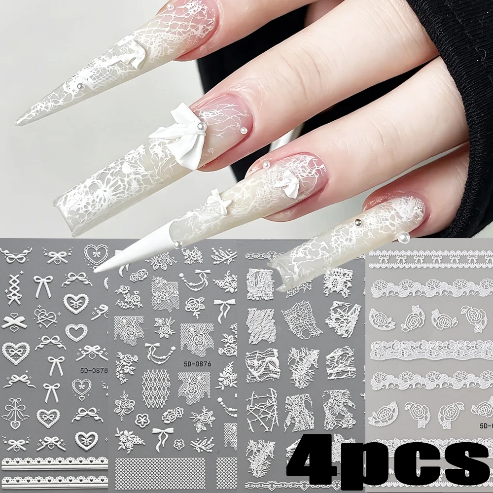 1/4pcs 5D White Lace Floral Nail Stickers Sexy Lace Ribbon Bow Heart Rose Broken Lattice Mesh Design Nail Decals DIY Nail Decors