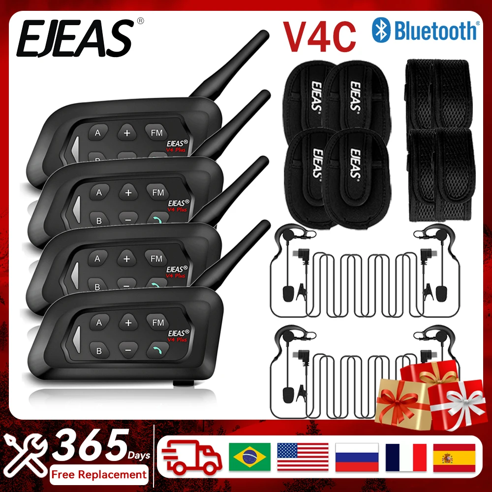 4pcs EJEAS V4C PLUS Football Referee Intercom Headset V4C 1500M Full Duplex Best 4 Users Bluetooth Headset Microphone Interphone