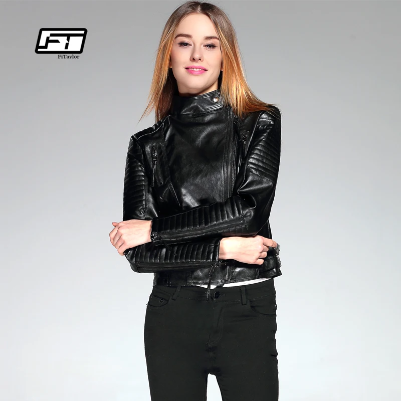 Fitaylor Neue 2022 Frauen PU Leder Kurze Jacke Schlank Mode Punk Outwear Lange Hülse Motorrad Schwarz Jacke Frühling Outwear