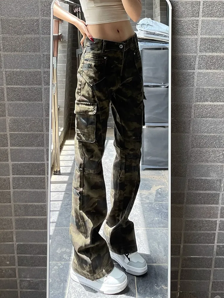 

American Retro Camouflage Workwear Jeans Men's Flared Straight Leg Long Pants Cleanfit Casual Youthful Summer Trendy