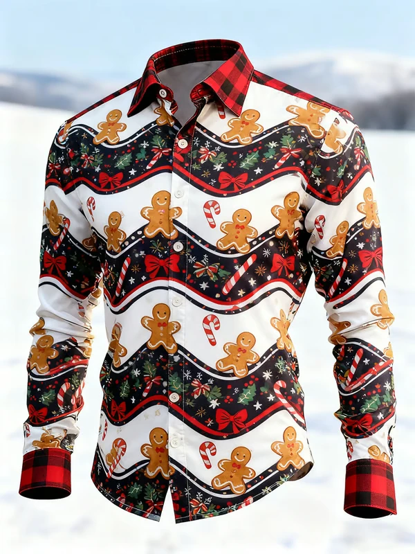 Christmas Holiday Men's Long-Sleeve Shirt with Striped Reindeer and Snowflake Print, Button-Down Jacket, Party Wear, Casual Wear