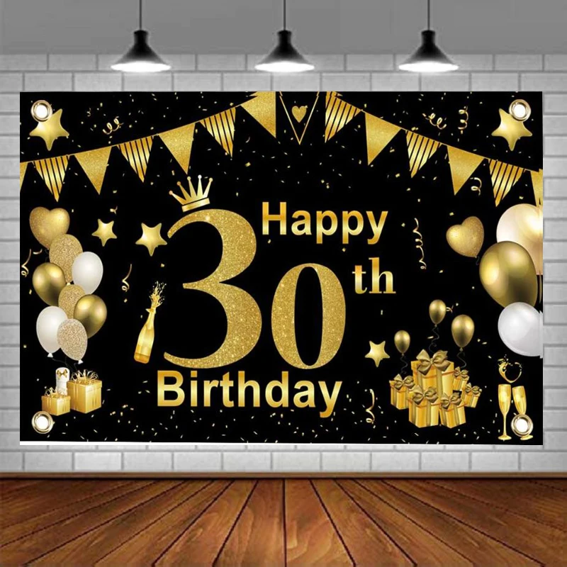 Happy 30th Birthday Photography Backdrop Black Gold Photo Booth Background Banner Anniversary Poster Party Decoration Supplies