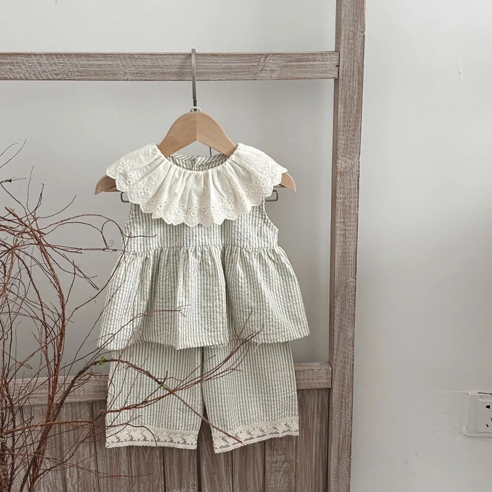 INS Style Summer Infant Lace Collar Vertical Striped Sleeveless Top Long Pants 2 Piece Set Cute Fashion Outfit For Baby Girls