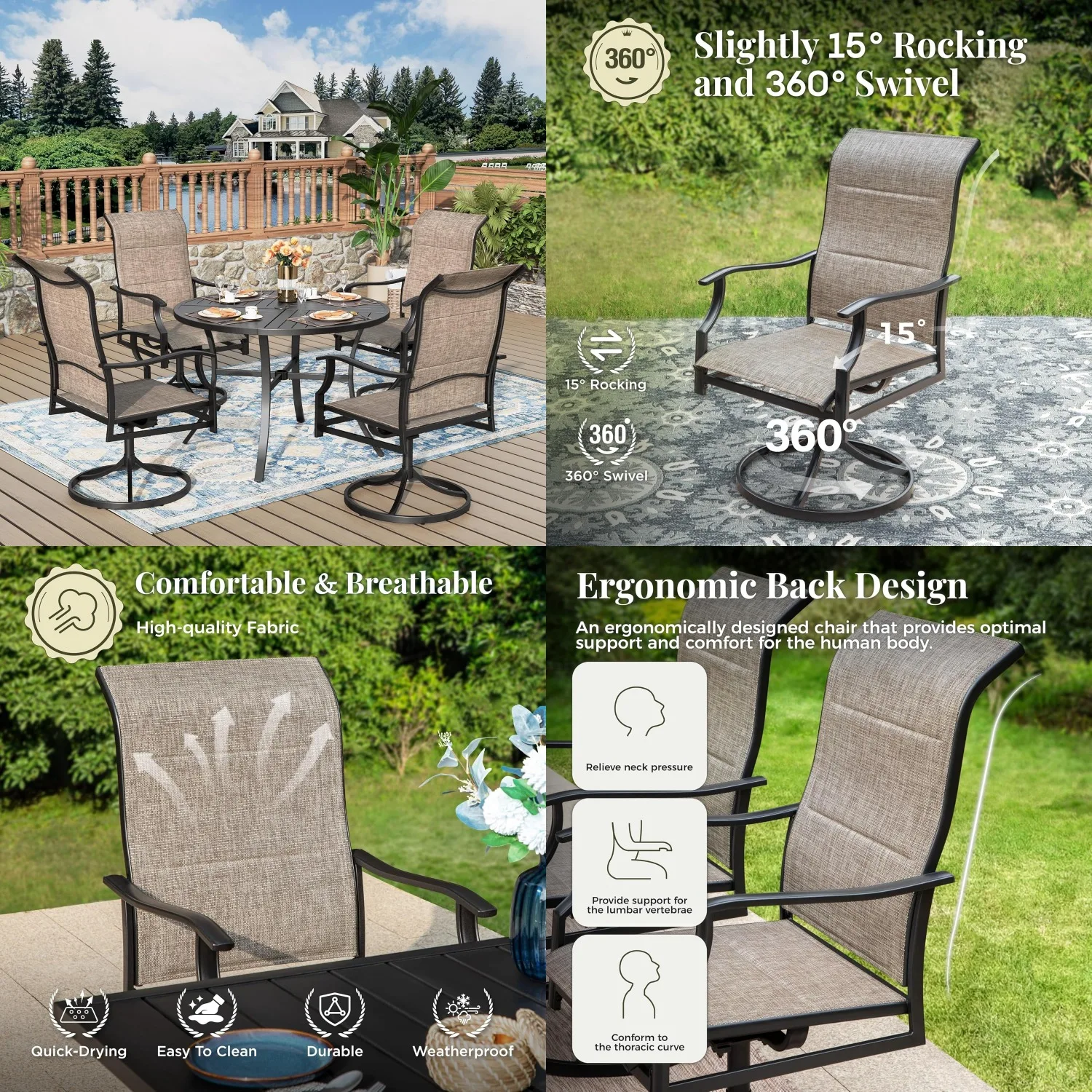 

Комплект для обеденной зоны на открытом воздухе из 5 предметов: круглый стол 42 дюйма и 4 стула из текстилена 360 ° Вращающиеся кресла-качалки 15 ° Садовая подставка для растений Tilt Garden, серо-коричневая, на заказ