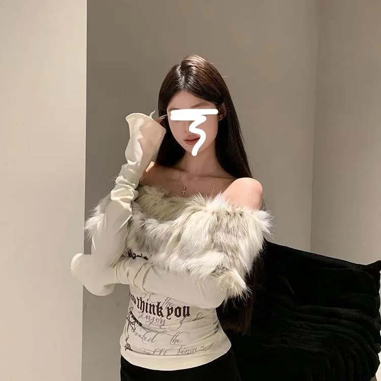 미국 럭셔리 퍼 그래픽 긴팔 티셔츠 Y2K 여성 오프숄더 탑 가을 겨울 빈티지 스파이시 걸즈 티 슬림핏 탑