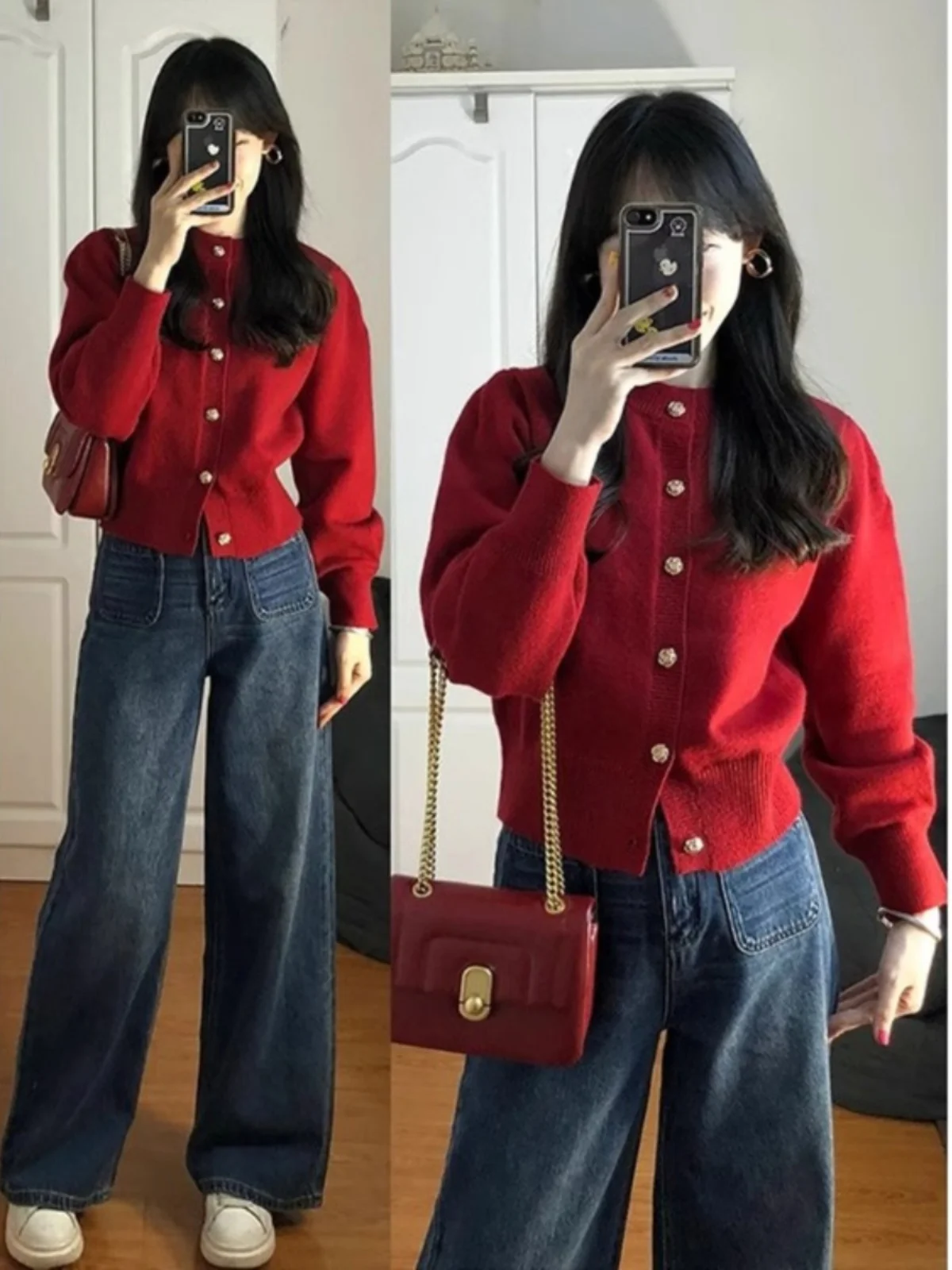 

Red Knitted Open Cardigan Spring Autumn ort Sve Long Women's Outerwear Lazy Retro Design Commute Sle round Ne Button up
