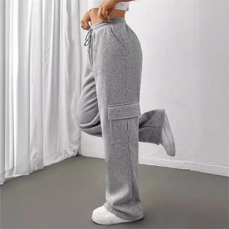 

Women Solid Straight Leg Guard Pants Pockets Casual Elastic Waist With Drawstring 2025 Spring Autumn New Black Trousers Pantalon